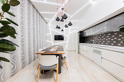 Home Elegant and spacious kitchen with modern design and cozy furnishings.